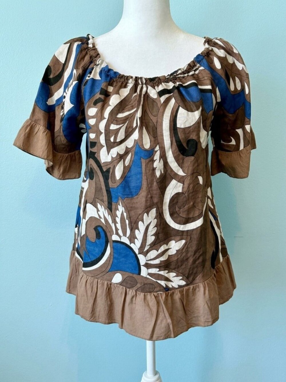 Terzo Millennio Linen Blouse Top Italy Blue Brown Abstract Ruffle Boho SM NWT